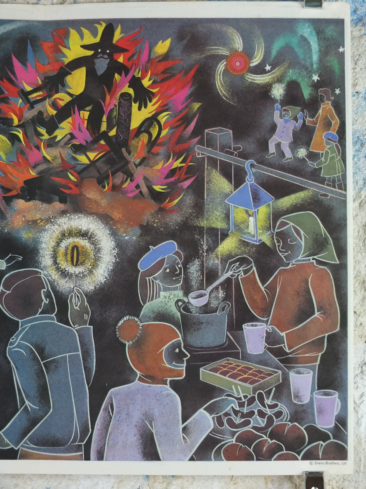 1971 Child Education Bonfire Night Poster, fireworks, sparklers, Guy Fawkes, bonfire, leaf burning, mid century print, wall art