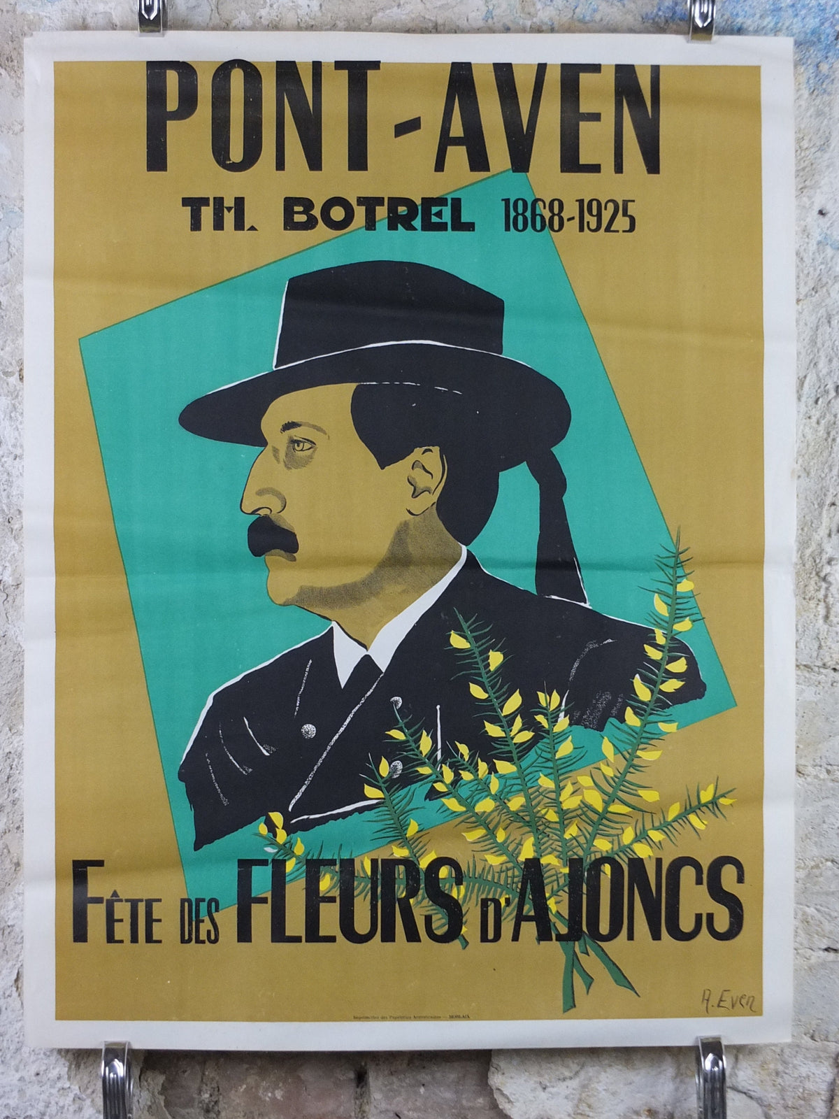 1950s Fete des Fleurs d'Ajoncs Poster, from Pont Avon, an Andre Even poster of Théodore Botrel, French singer and poet, wall art decor
