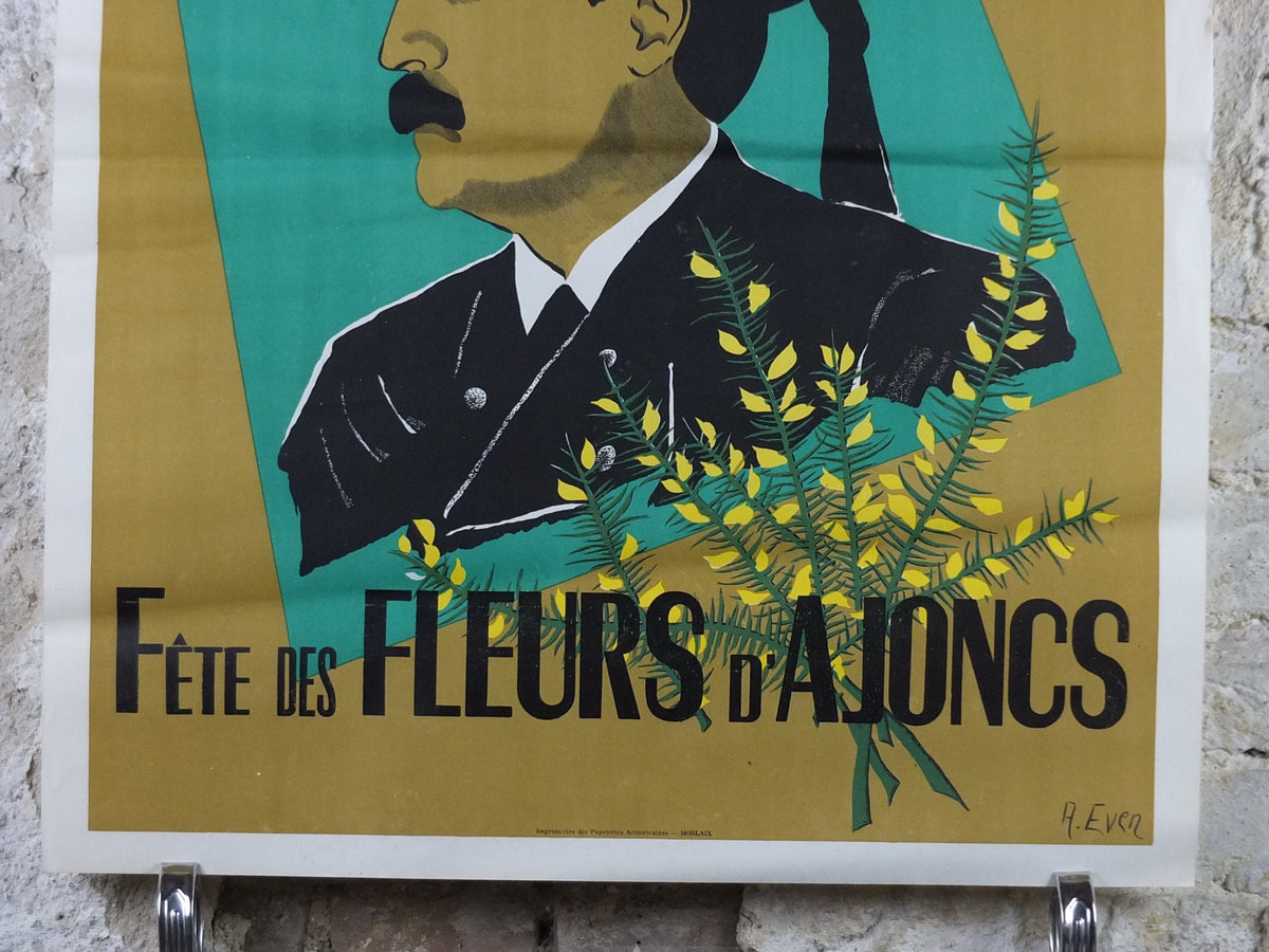 1950s Fete des Fleurs d'Ajoncs Poster, from Pont Avon, an Andre Even poster of Théodore Botrel, French singer and poet, wall art decor