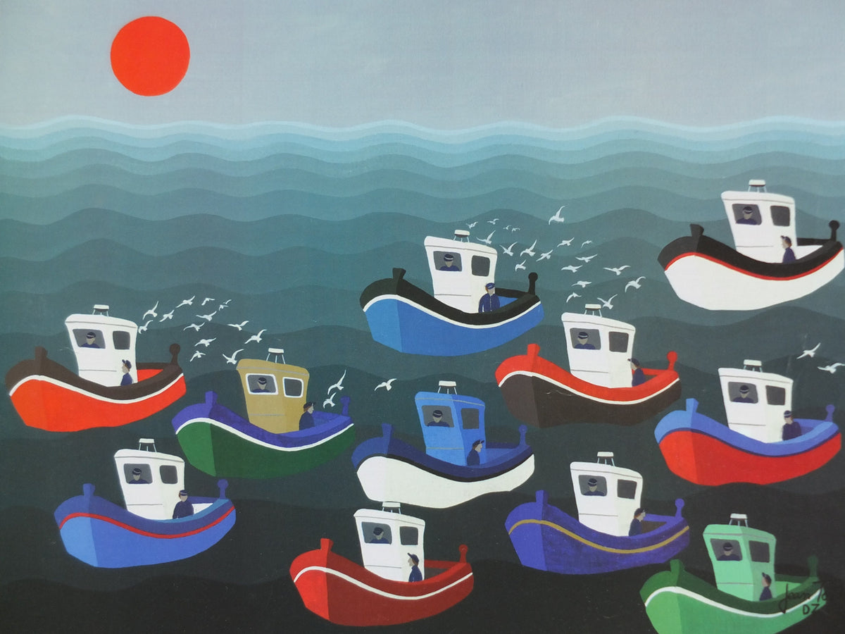 1994 Boats on the Sea Poster, Jean Toth, colourful tugs, seascapes, French painter, wall art decor