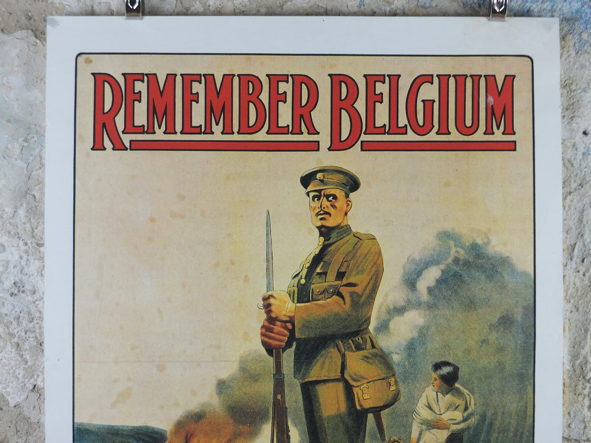 WW1 British Recruitment Poster, Remember Belgium, Enlist Today! 1970s or 1980s reprint, soldier marching off to war, print wall art decor