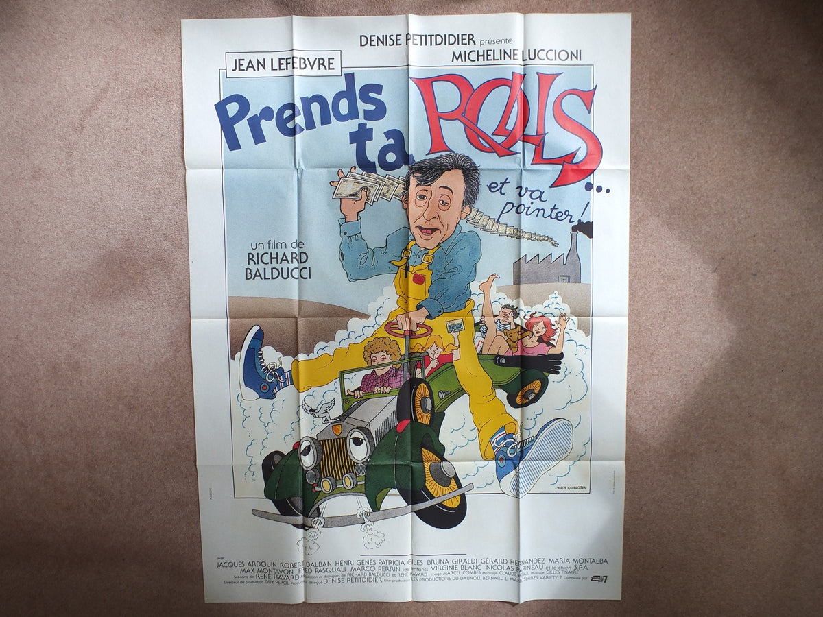 Original Vintage French Movie Poster Prends ta rolls et va pointer 1981 wall art affiche de film cartoon 1980s car yellow dungerees