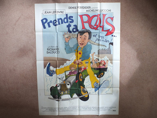 Original Vintage French Movie Poster Prends ta rolls et va pointer 1981 wall art affiche de film cartoon 1980s car yellow dungerees