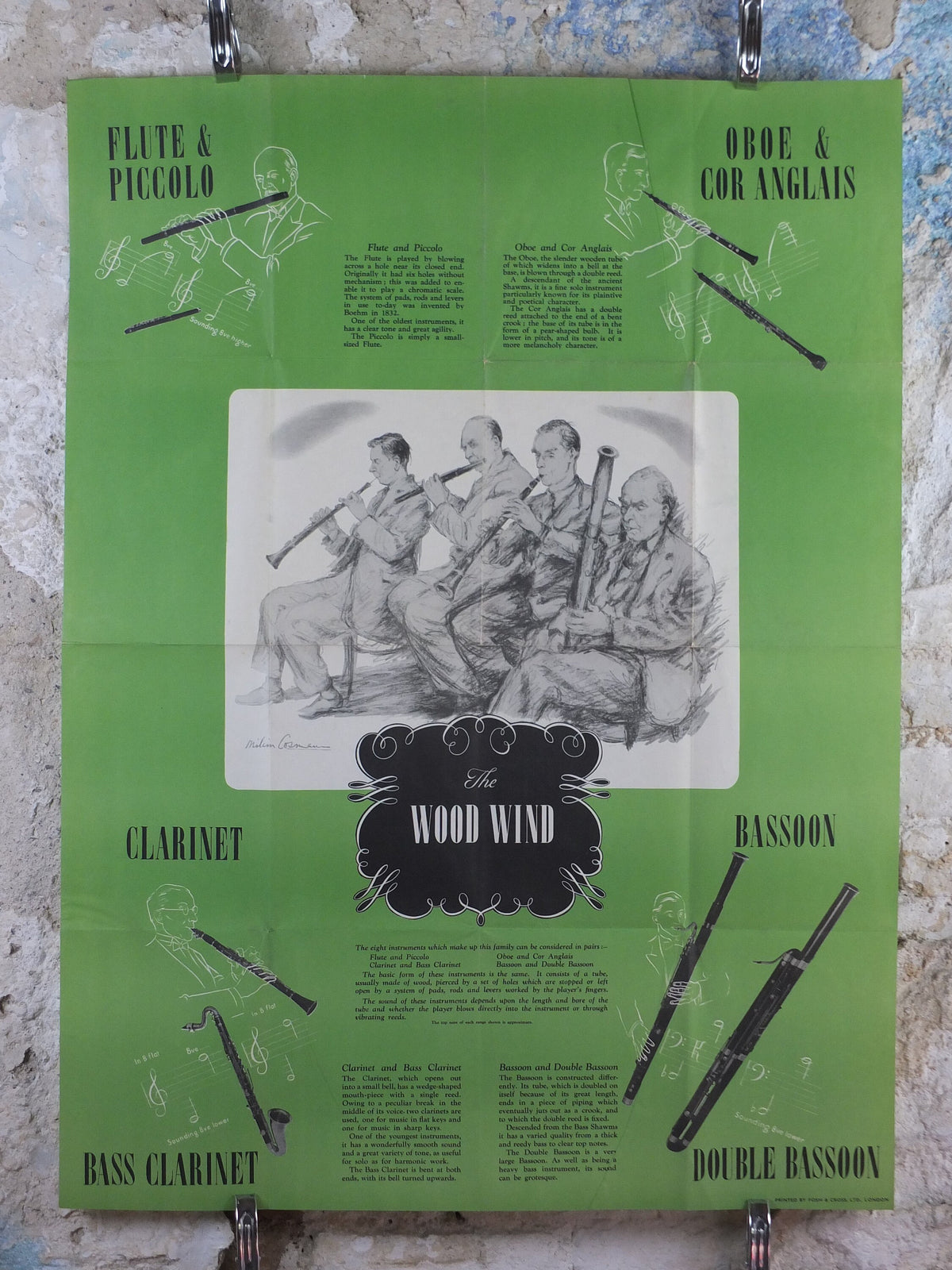 Vintage Woodwind Instruments Music Poster, Flute, Piccolo, Oboe, Clarinet, Bassoon, classical music wall art decor