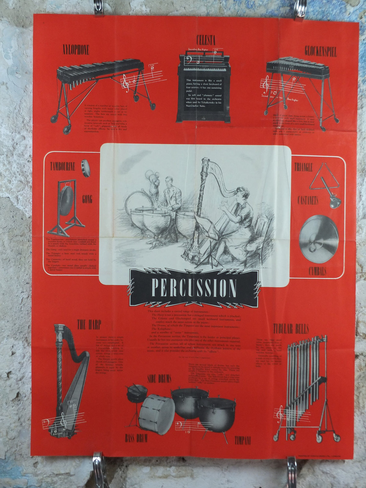 Vintage Percussion Instruments Music Poster, Drums, Xylophone, Harp, Bells, Cymbols, Gong classical music wall art decor