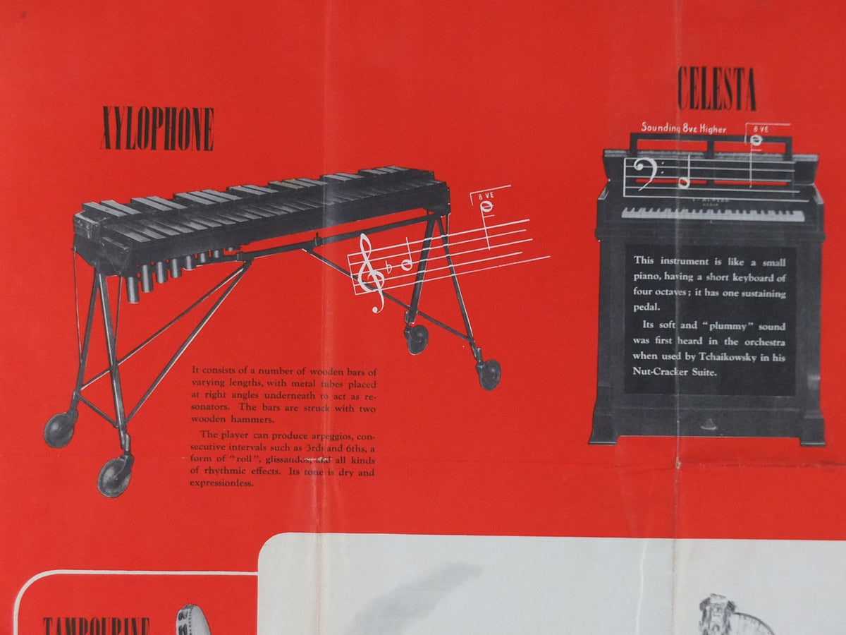 Vintage Percussion Instruments Music Poster, Drums, Xylophone, Harp, Bells, Cymbols, Gong classical music wall art decor