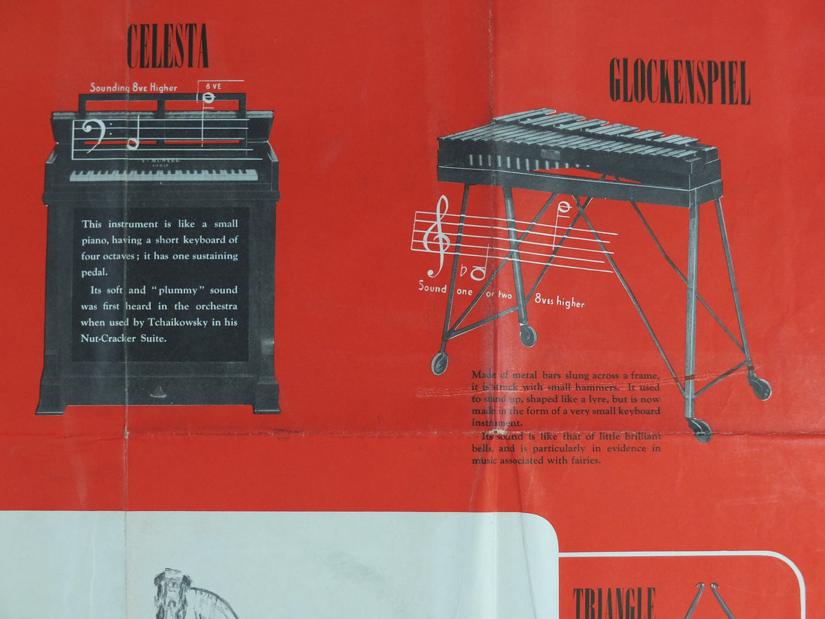 Vintage Percussion Instruments Music Poster, Drums, Xylophone, Harp, Bells, Cymbols, Gong classical music wall art decor