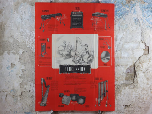 Vintage Percussion Instruments Music Poster, Drums, Xylophone, Harp, Bells, Cymbols, Gong classical music wall art decor
