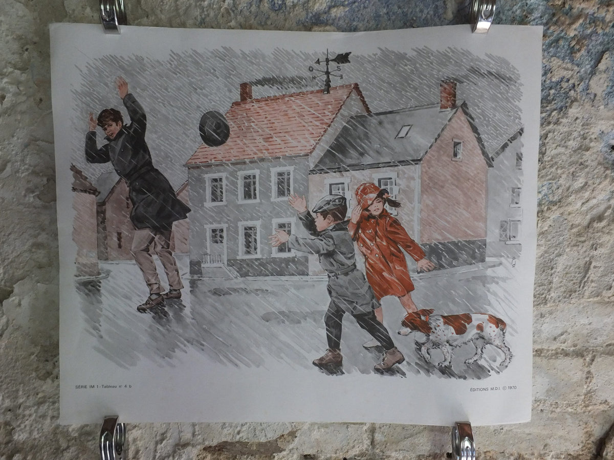 Original Vintage French MDI school poster rainy day rain hunt dog wall art double sided early years retro interior design 1970s