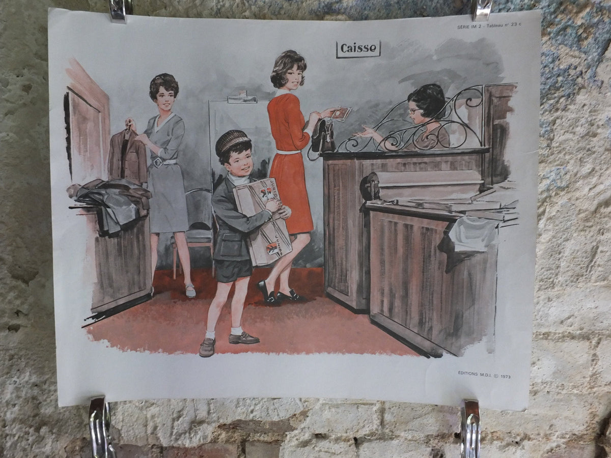 Original Vintage French MDI school poster clothes fashion delicatessen market wall art double sided early years retro interior design 1970s