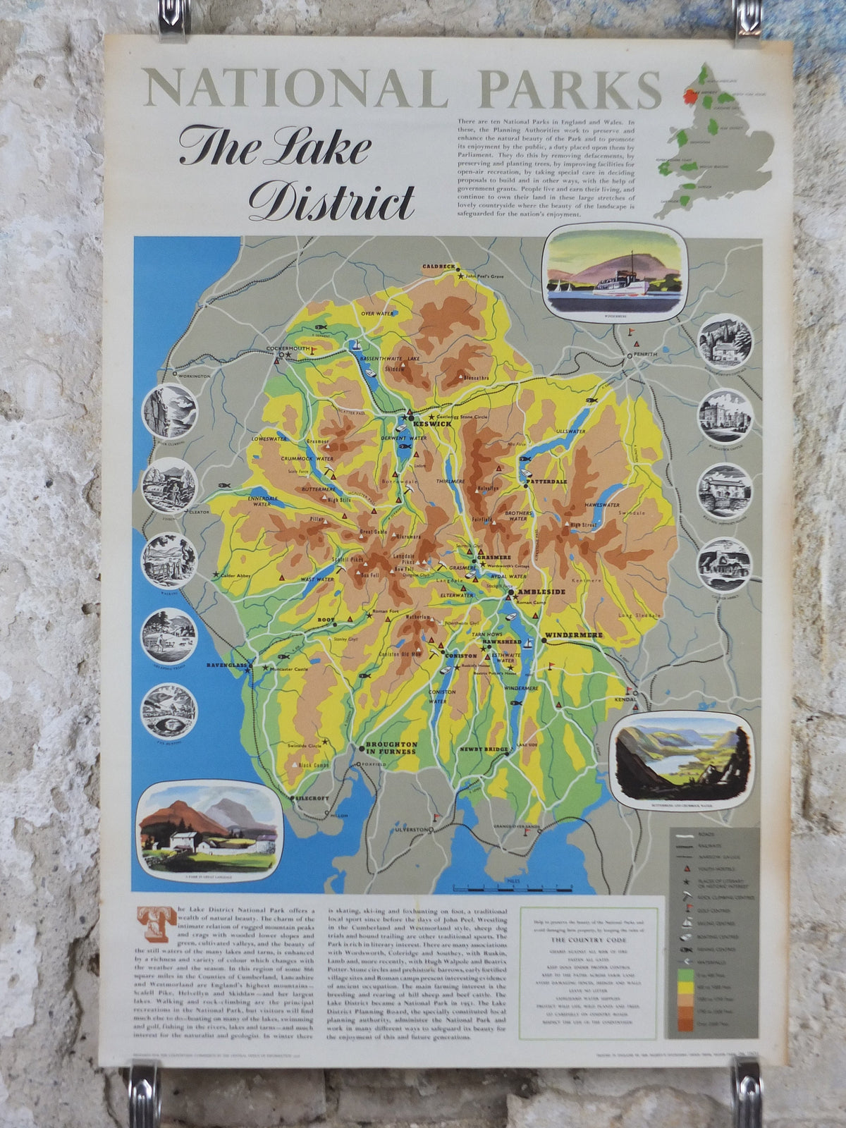 1968 Lake District Poster, National Parks, Cumbria, Scarfell Pike, Windermere, Wordsworth, Travel and Tourism, walking trail, wall art decor