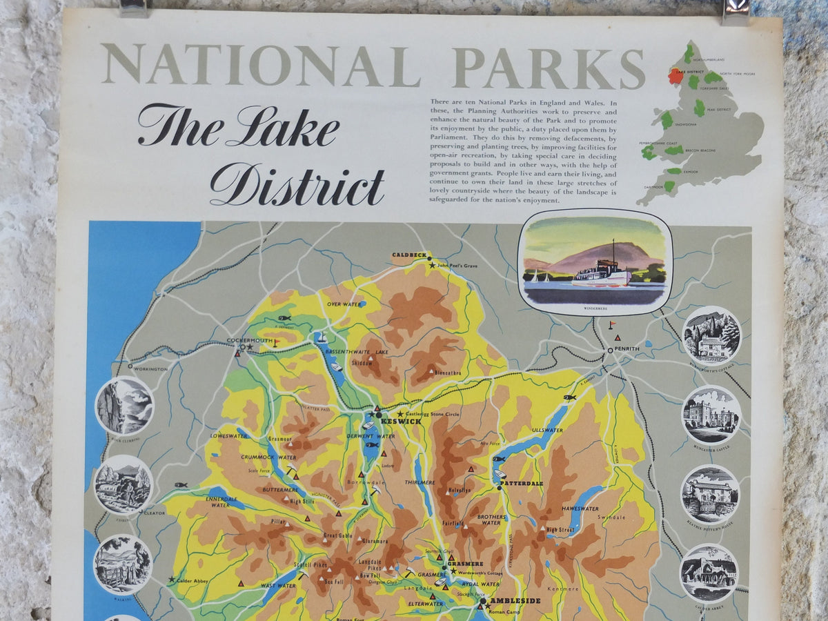 1968 Lake District Poster, National Parks, Cumbria, Scarfell Pike, Windermere, Wordsworth, Travel and Tourism, walking trail, wall art decor