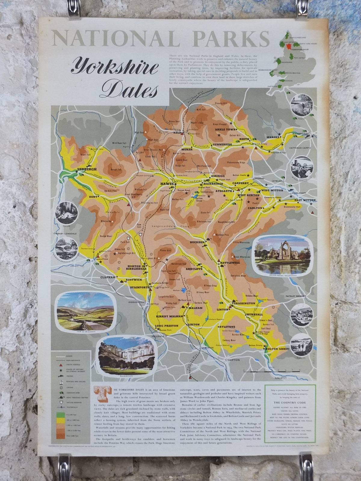 1968 Yorkshire Dales Poster, National Parks, The Pennines, Hawes, Bolton Abbey, Ridings, Travel and Tourism, walking trail, wall art decor