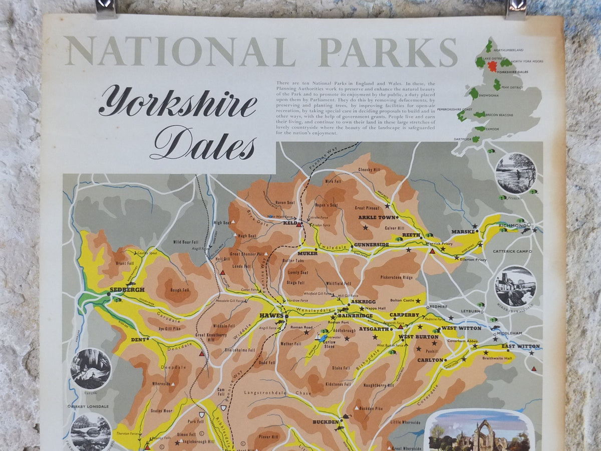 1968 Yorkshire Dales Poster, National Parks, The Pennines, Hawes, Bolton Abbey, Ridings, Travel and Tourism, walking trail, wall art decor