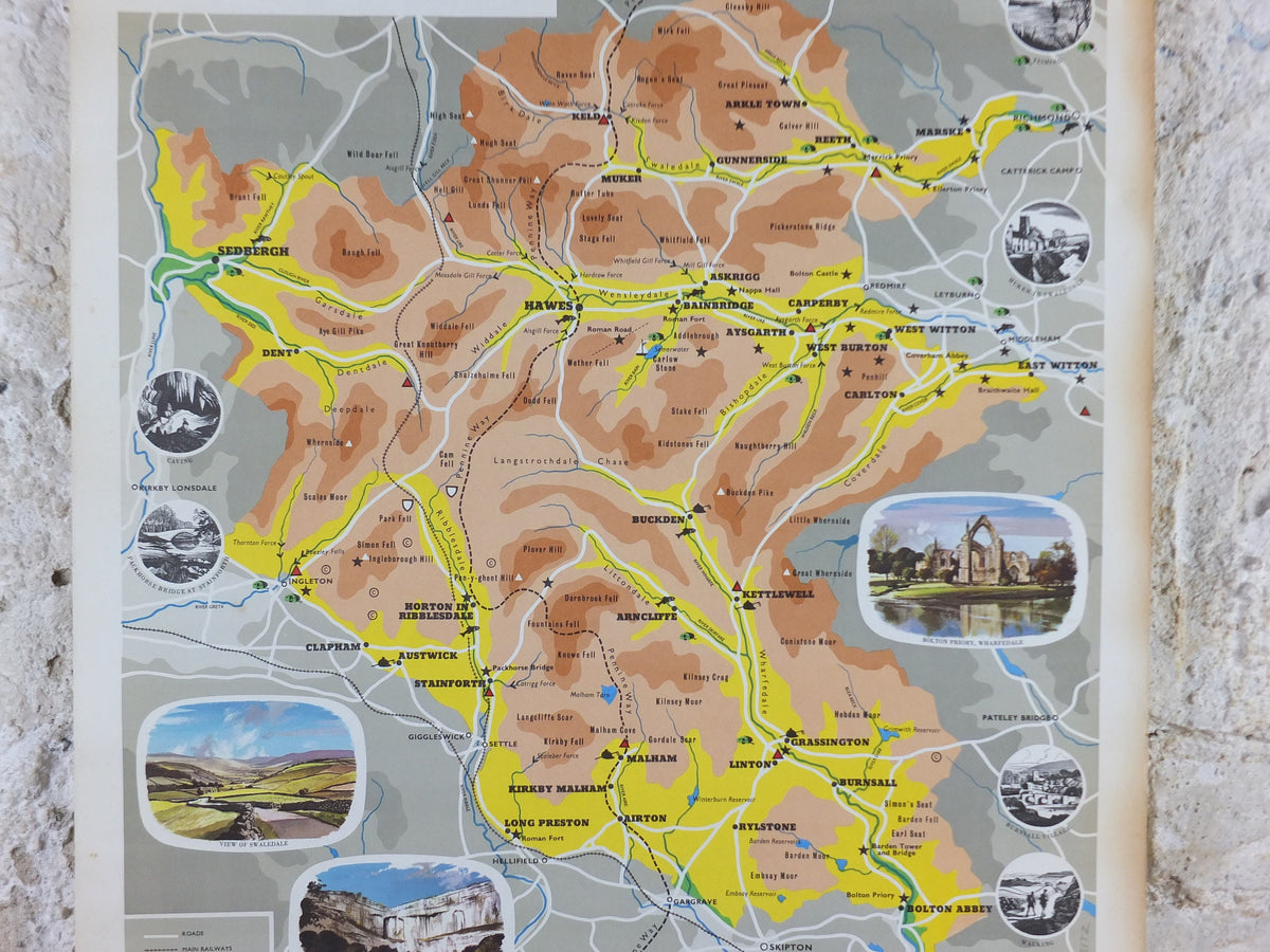 1968 Yorkshire Dales Poster, National Parks, The Pennines, Hawes, Bolton Abbey, Ridings, Travel and Tourism, walking trail, wall art decor