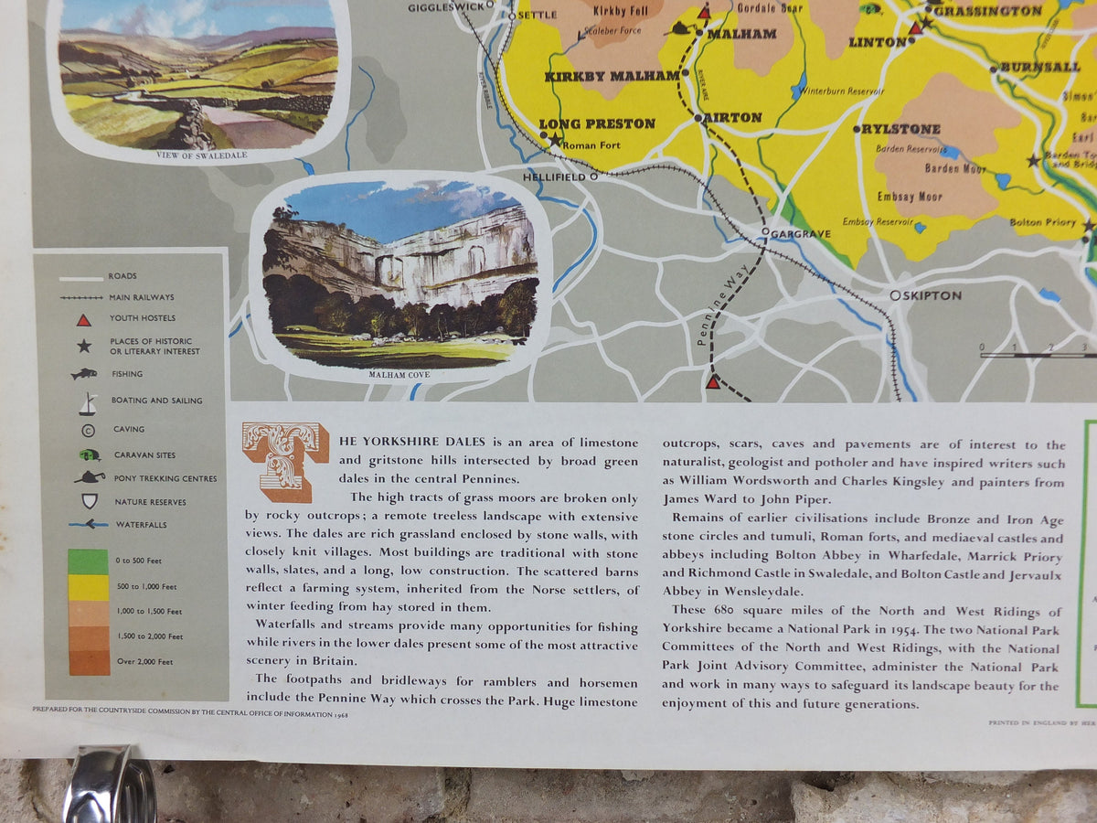 1968 Yorkshire Dales Poster, National Parks, The Pennines, Hawes, Bolton Abbey, Ridings, Travel and Tourism, walking trail, wall art decor