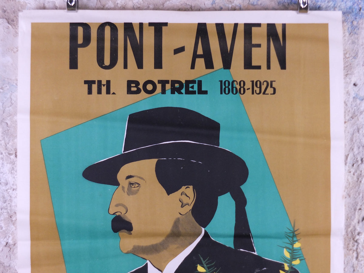 1950s Fete des Fleurs d'Ajoncs Poster, from Pont Avon, an Andre Even poster of Théodore Botrel, French singer and poet, wall art decor