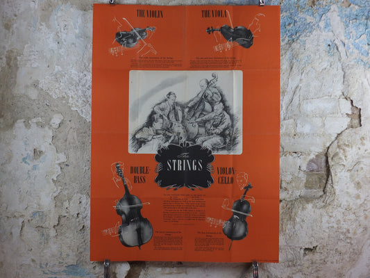 Vintage Strings Instruments Music Poster, The Strings, Violin, Viola, Cello, Violin-Cello, Double Bass, classical music wall art decor