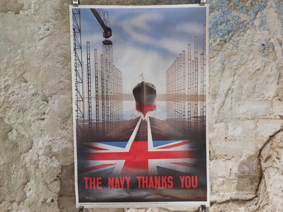 Vintage British WW2 The Navy Thanks You Propaganda Poster Telegraph Pat Keely ship shipyard destroyer battleship reprint wall art 1980s