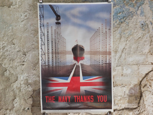 Vintage British WW2 The Navy Thanks You Propaganda Poster Telegraph Pat Keely ship shipyard destroyer battleship reprint wall art 1980s