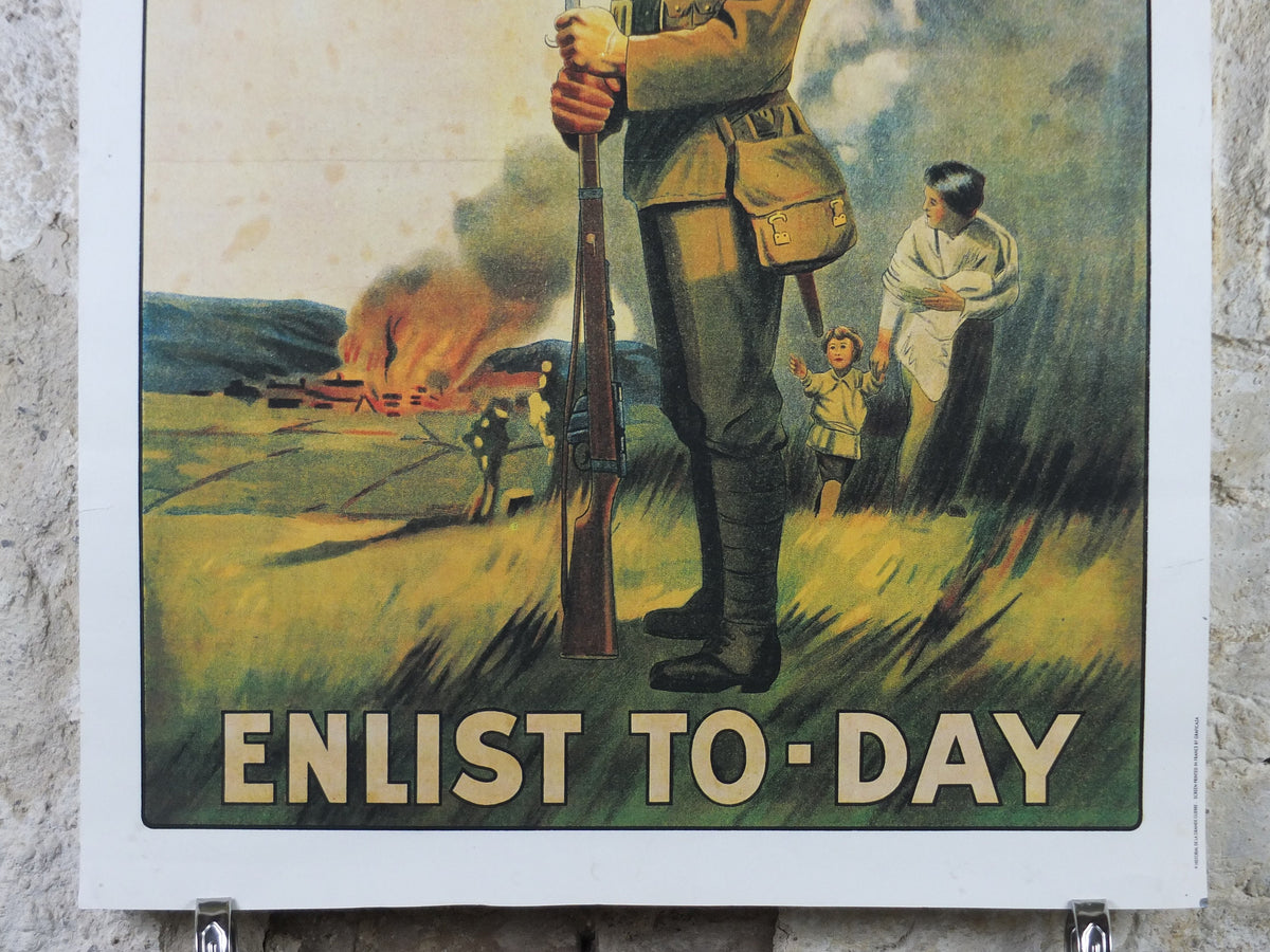 WW1 British Recruitment Poster, Remember Belgium, Enlist Today! 1970s or 1980s reprint, soldier marching off to war, print wall art decor