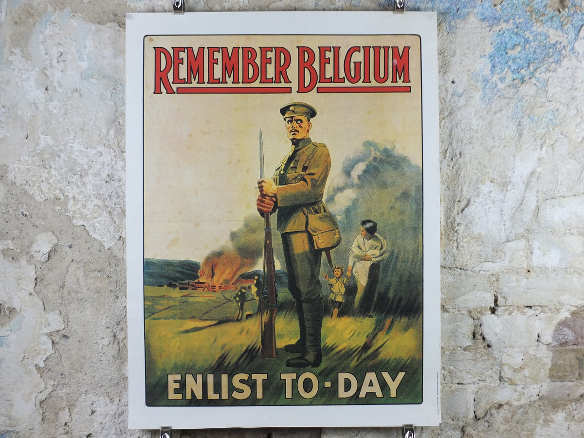 WW1 British Recruitment Poster, Remember Belgium, Enlist Today! 1970s or 1980s reprint, soldier marching off to war, print wall art decor