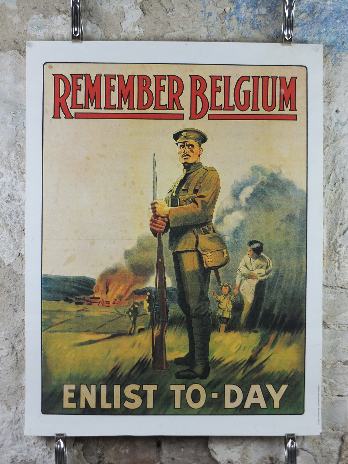 WW1 British Recruitment Poster, Remember Belgium, Enlist Today! 1970s or 1980s reprint, soldier marching off to war, print wall art decor