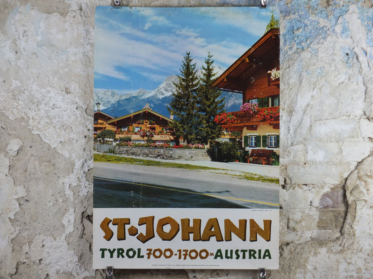 St Johann Austrian Ski Resort Poster, Tyrol, Wilder Kaiser mountains, Kitzbüheler Horn, travel tourism skiing, wall art decor, 1970s