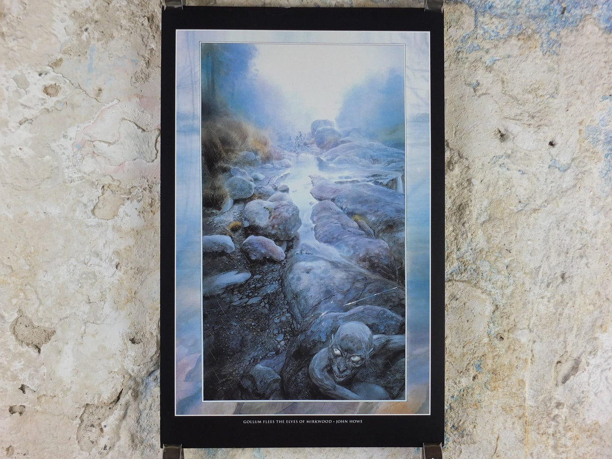 Vintage Gollum flees the elves of Mirkwood by John Howe Poster, Tolkien, Lord of the Rings, illustration print, wall art decor