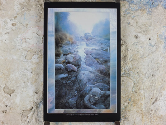 Vintage Gollum flees the elves of Mirkwood by John Howe Poster, Tolkien, Lord of the Rings, illustration print, wall art decor