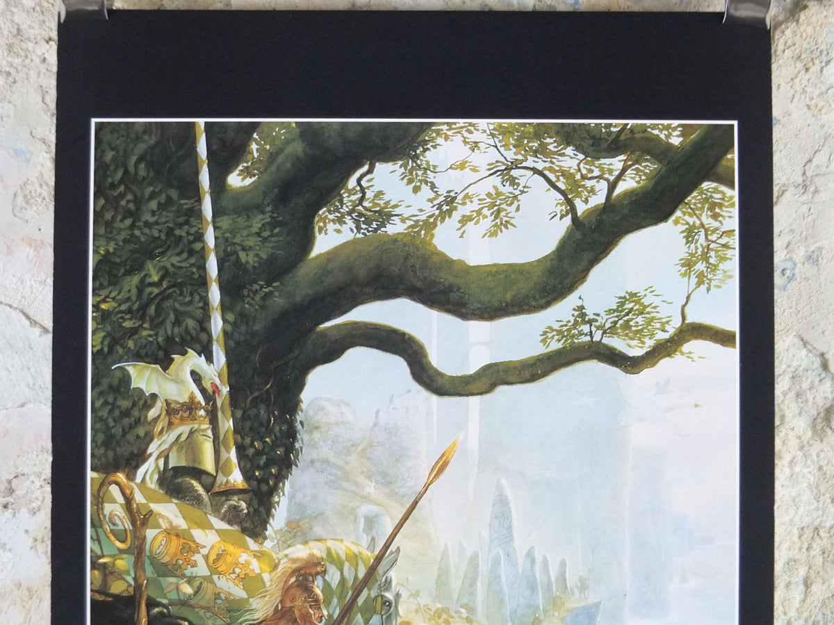 Vintage Celtic Myth by John Howe Poster, Fantasy, unicorn, wizard, knight, fairy, stone ring, illustration print, wall art decor