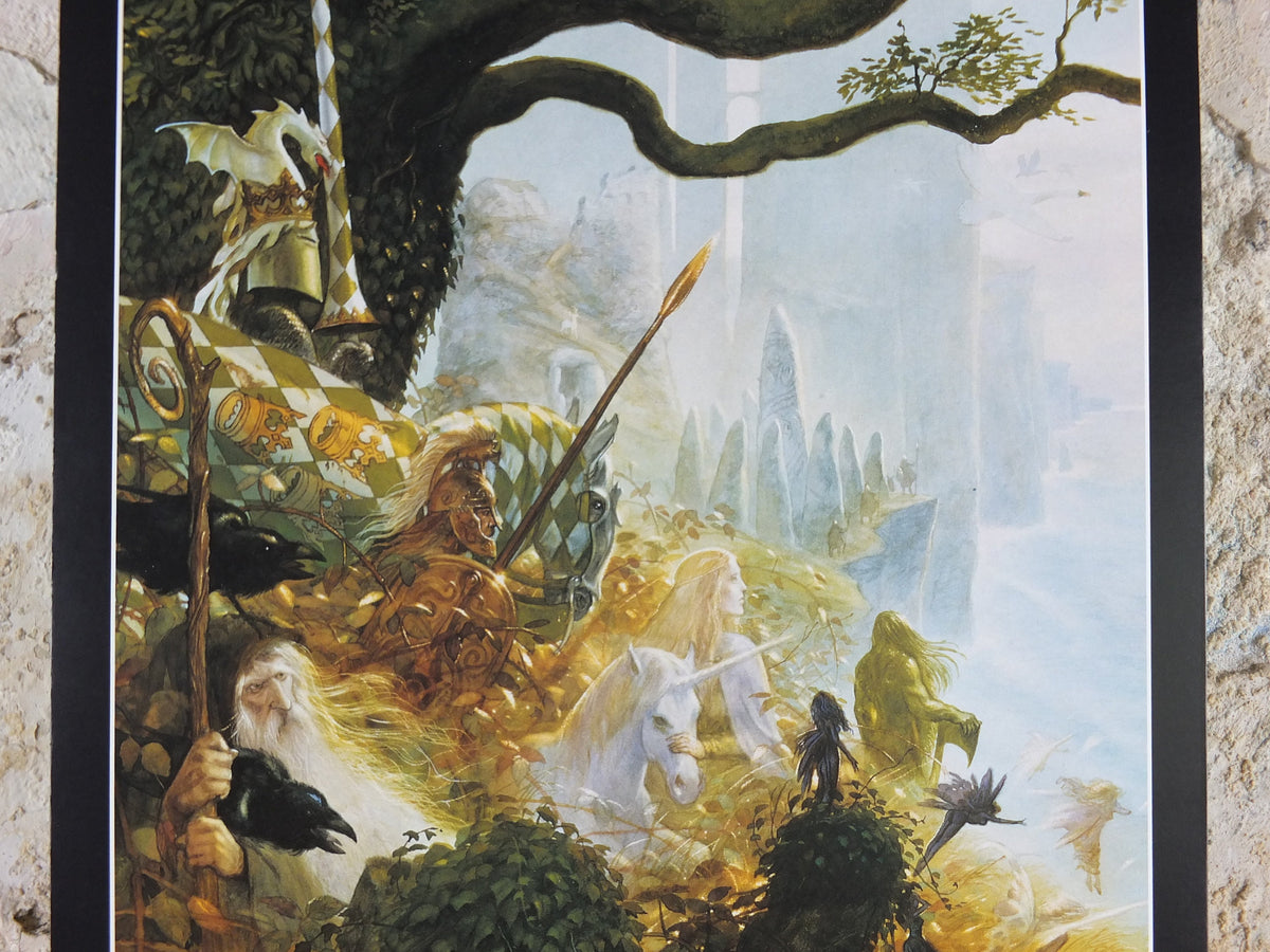 Vintage Celtic Myth by John Howe Poster, Fantasy, unicorn, wizard, knight, fairy, stone ring, illustration print, wall art decor
