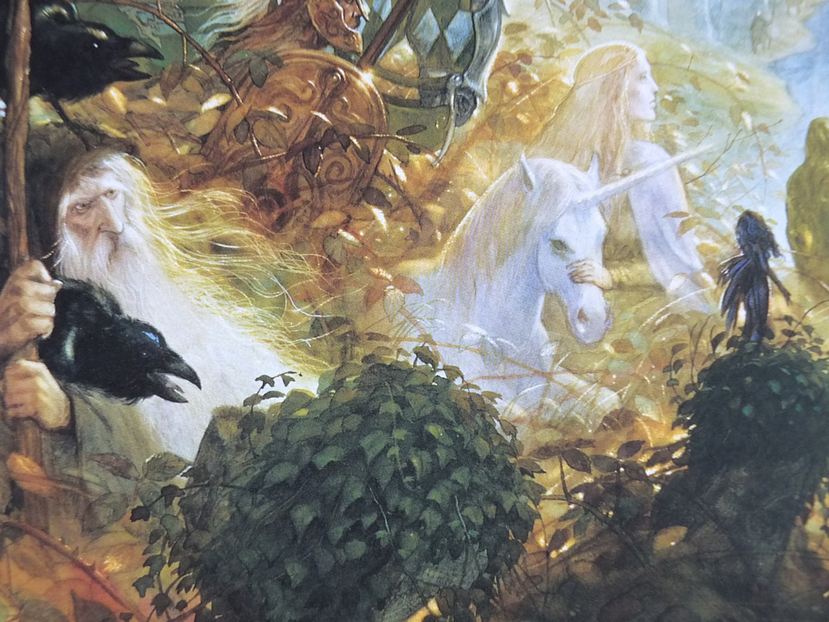 Vintage Celtic Myth by John Howe Poster, Fantasy, unicorn, wizard, knight, fairy, stone ring, illustration print, wall art decor