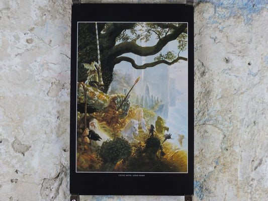 Vintage Celtic Myth by John Howe Poster, Fantasy, unicorn, wizard, knight, fairy, stone ring, illustration print, wall art decor
