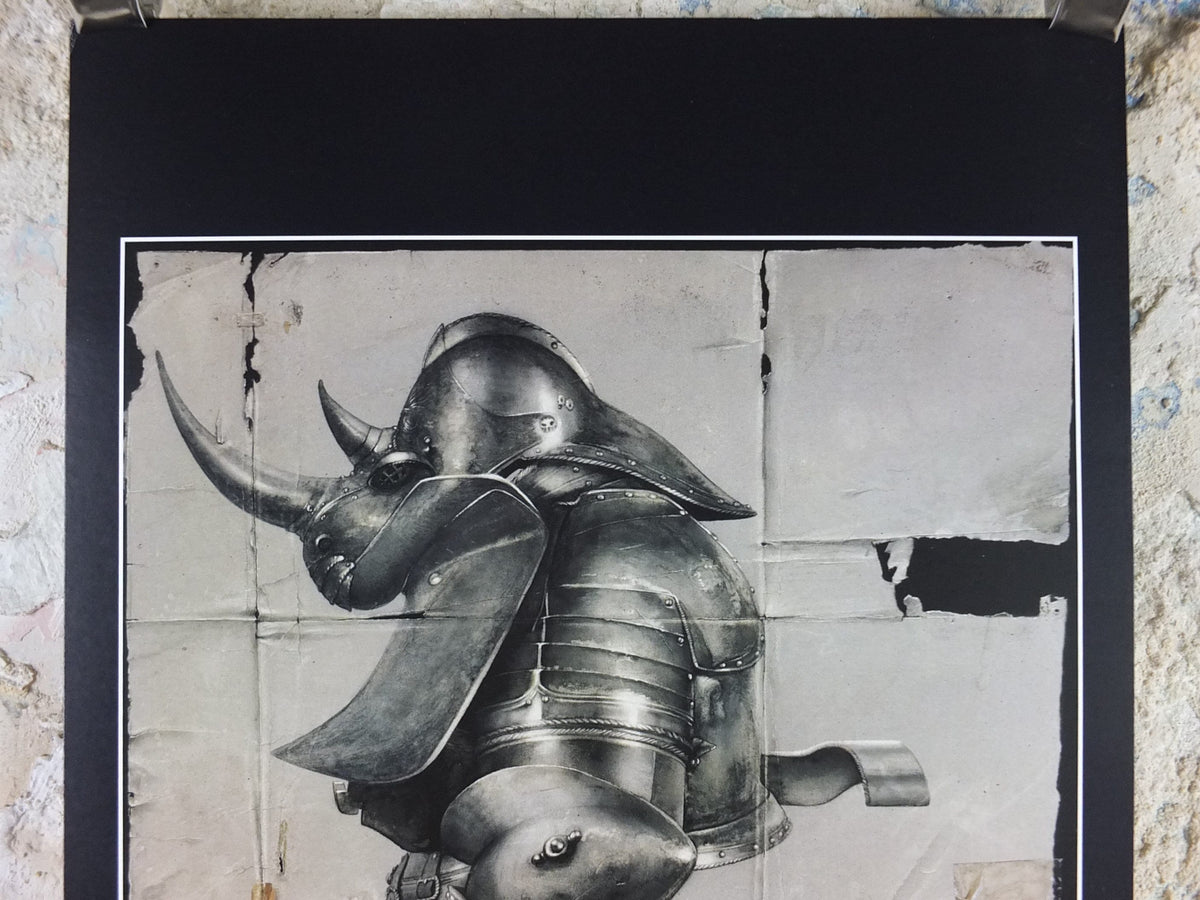 Vintage Rhino Armour by John Howe Poster, Fantasy, Rhinoceros, illustration print, wall art decor
