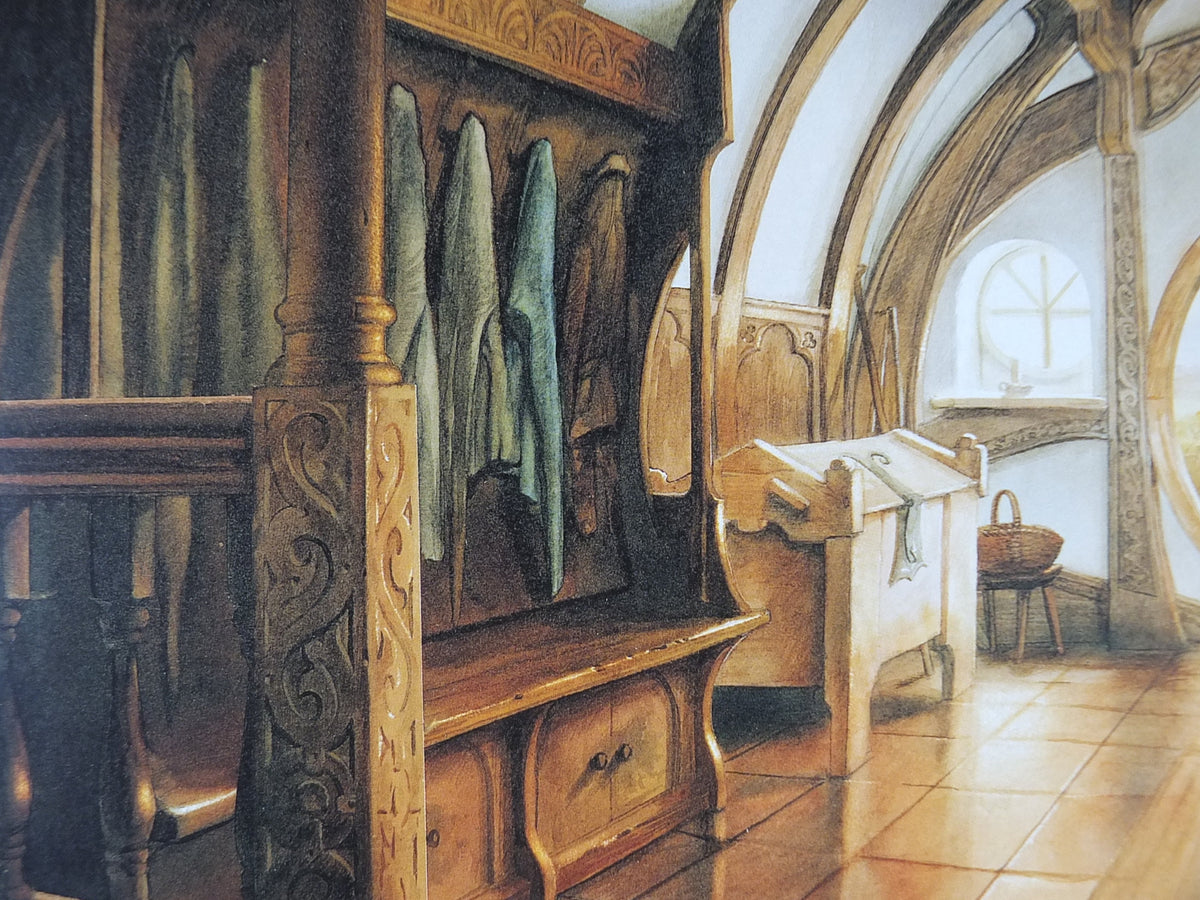 Vintage A Hobbit Dwelling by John Howe Poster, Bag End, Tolkien, Lord of the Rings, Fellowship of the Ring illustration print wall art decor