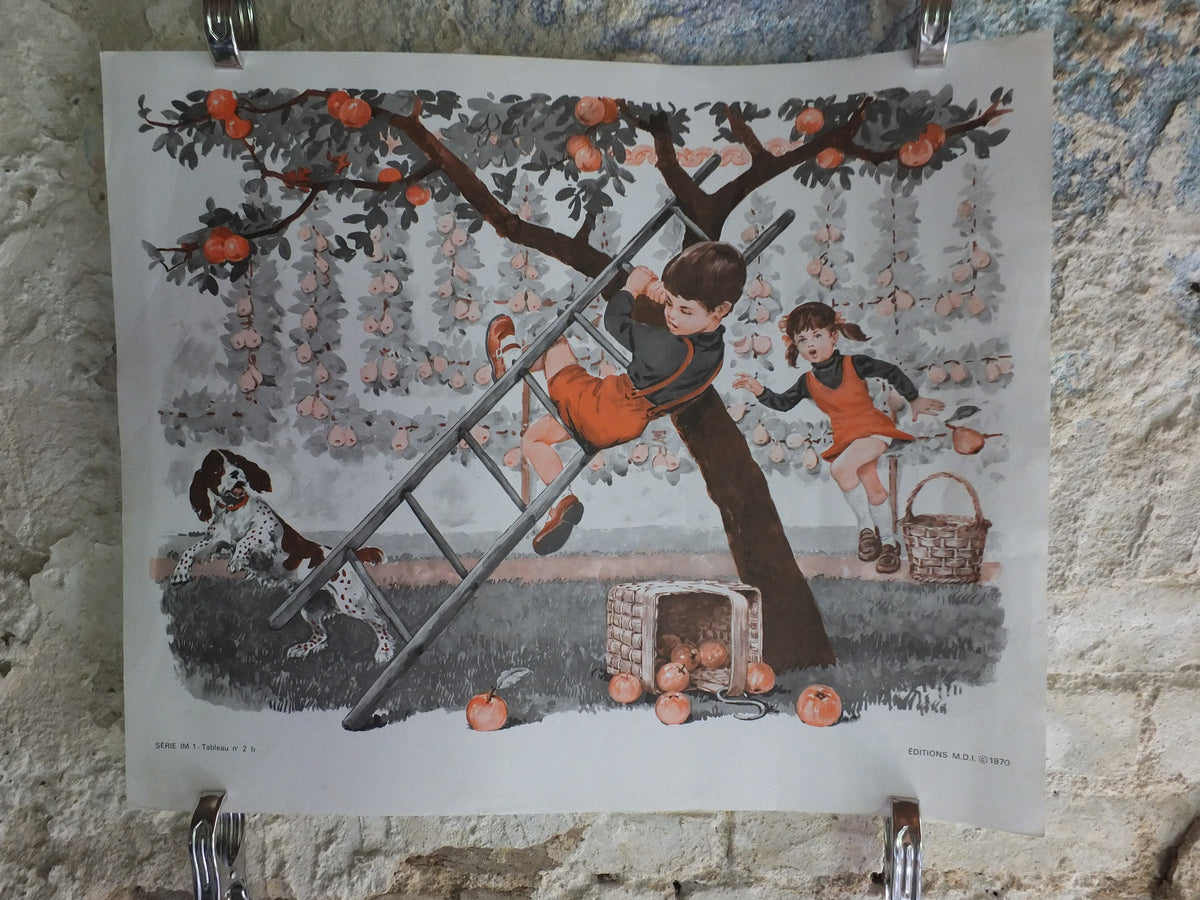 Original Vintage French MDI school poster first day school picking apples wall art double sided early years retro interior design 1970s