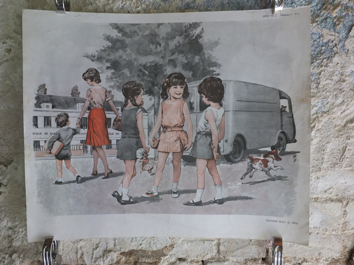 Original Vintage French MDI school poster postman school friends wall art double sided early years retro interior design 1970s