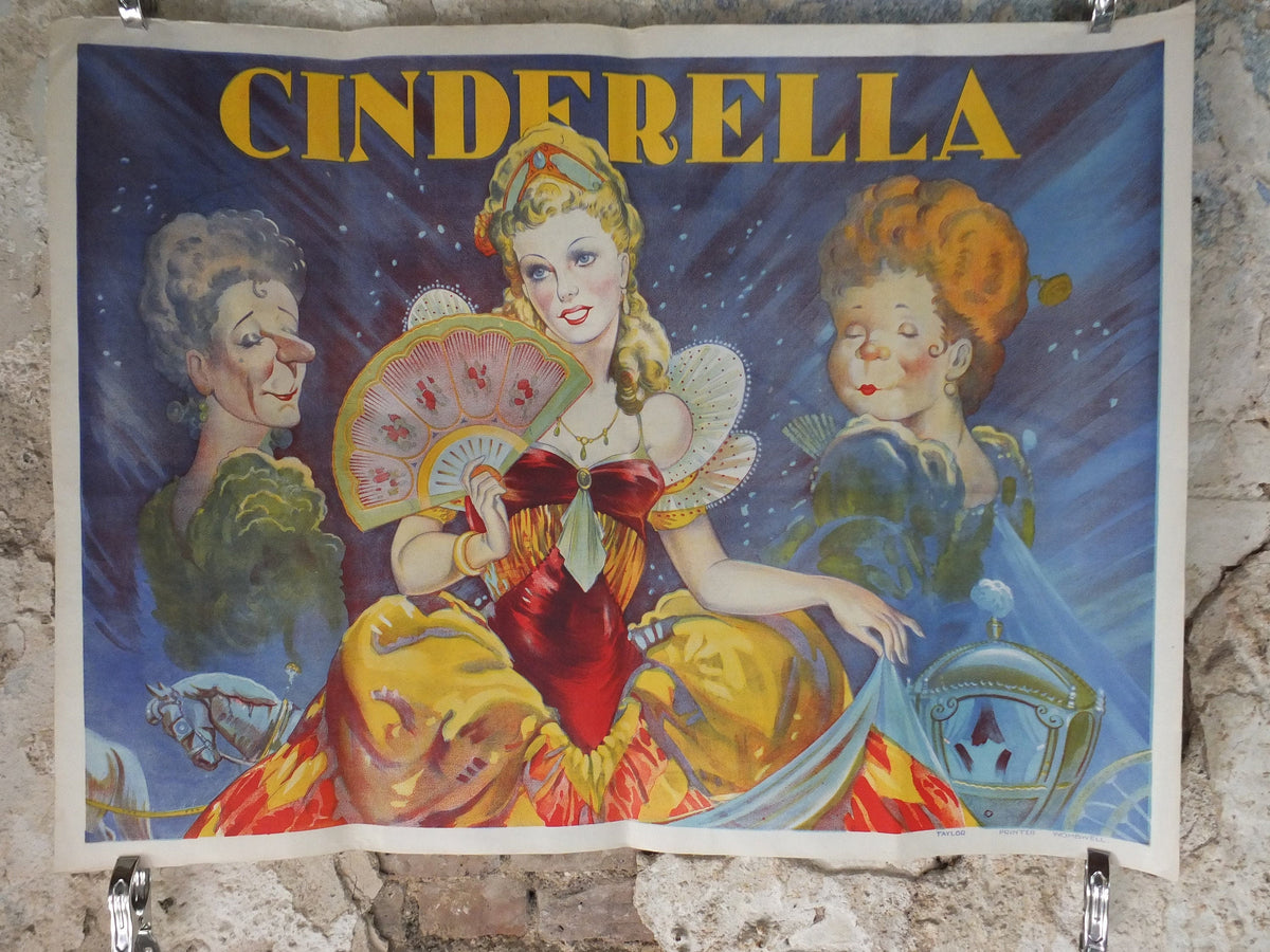 1930s Cinderella Poster, Pantomime theatre, Taylors of Wombwell, British panto, original lithograph wall art decor