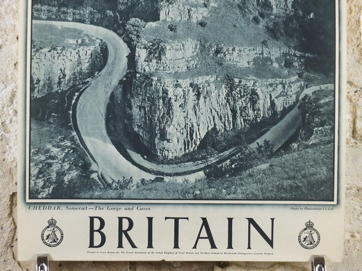 1947 Cheddar Gorge Britain Poster, Somerset caves, Travel Association United Kingdom, travel tourism, holiday vacation wall art decor