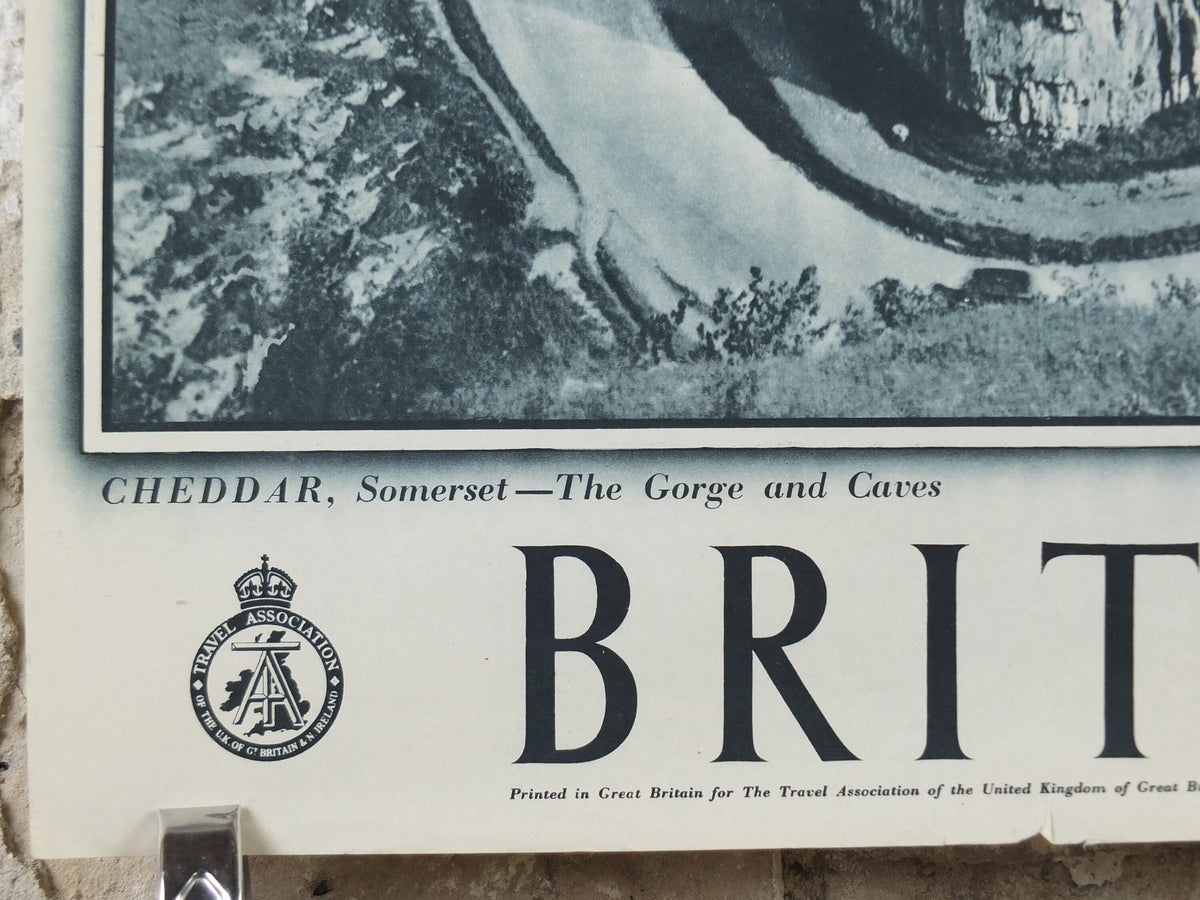 1947 Cheddar Gorge Britain Poster, Somerset caves, Travel Association United Kingdom, travel tourism, holiday vacation wall art decor