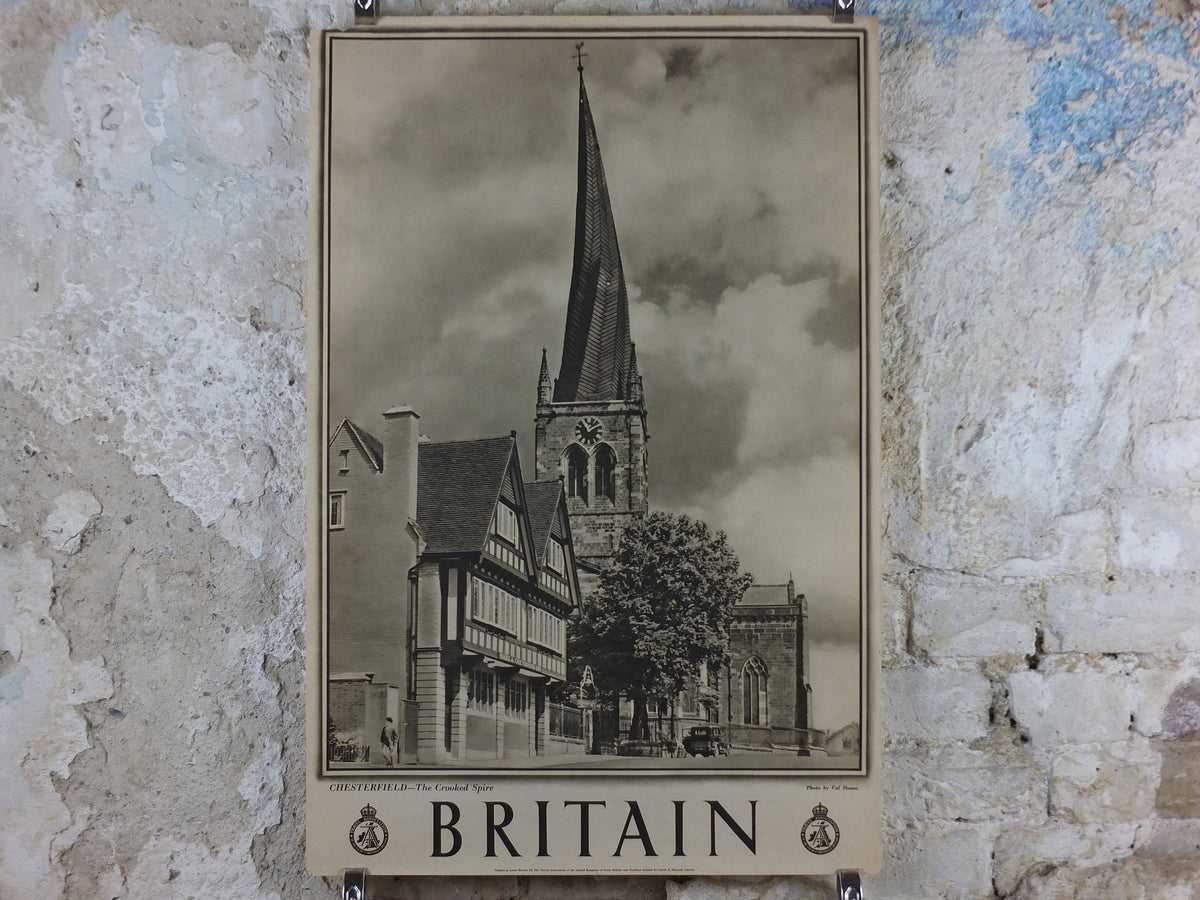 1947 The Crooked Spire Britain Poster, Chesterfield, Travel Association United Kingdom, travel tourism, holiday vacation wall art decor