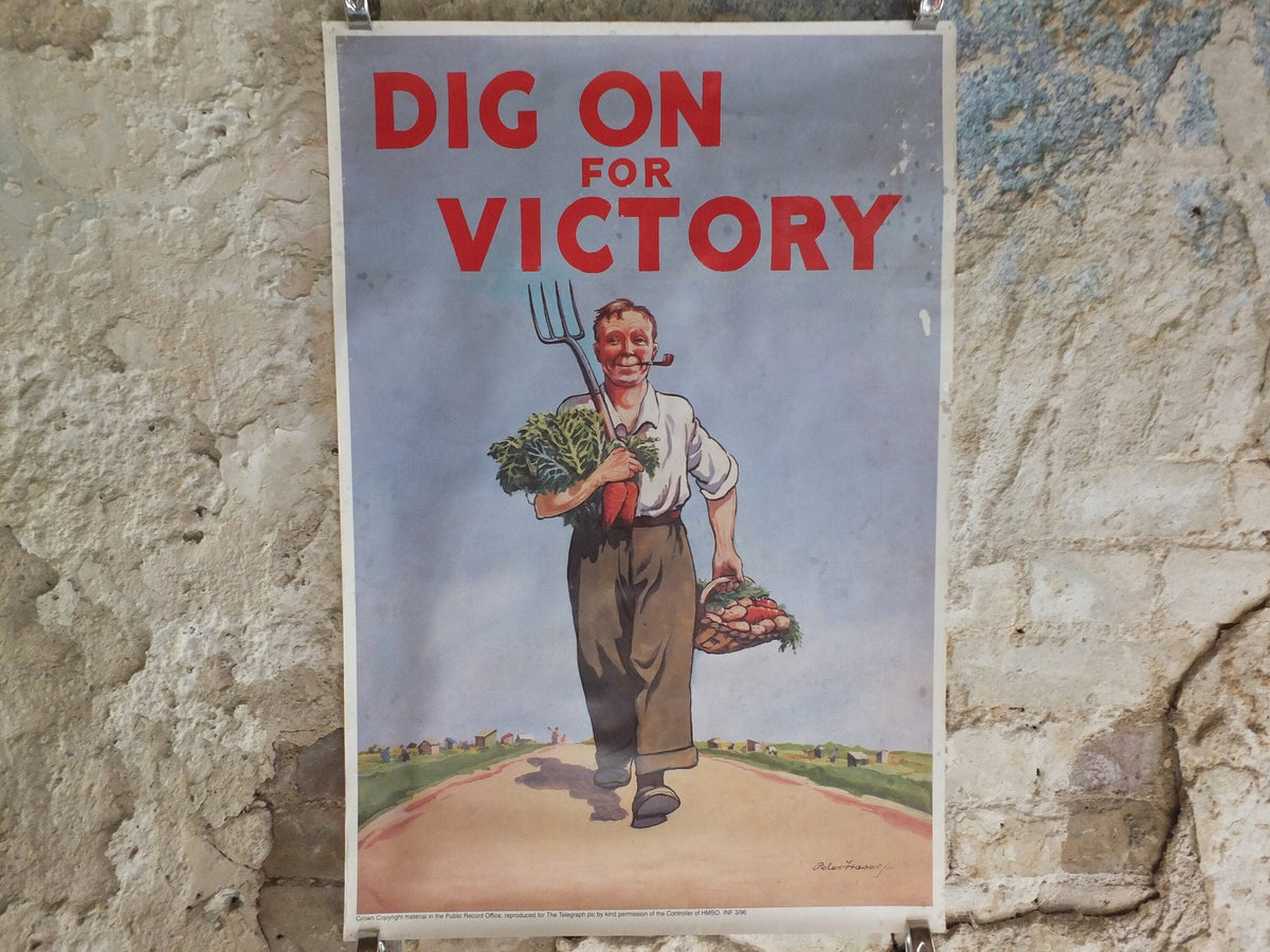 Vintage British WW2 Dig for Victory Propaganda Poster Peter Fraser Telegraph grow vegetables self sufficient reprint print wall art 1980s