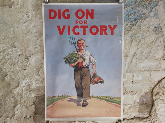 Vintage British WW2 Dig for Victory Propaganda Poster Peter Fraser Telegraph grow vegetables self sufficient reprint print wall art 1980s