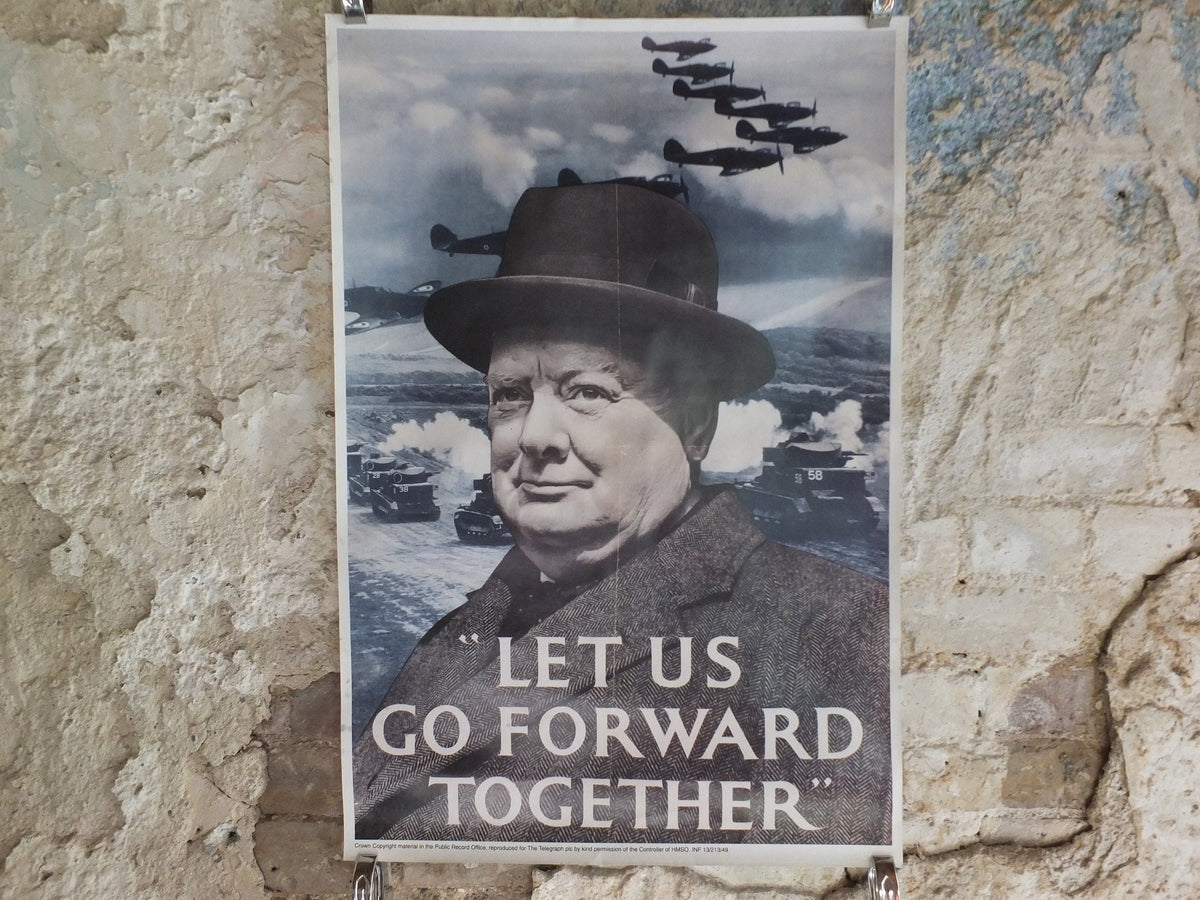 Vintage British WW2 Winston Churchill Go Forward Together Propaganda Poster spitfires Telegraph reprint print wall art 1980s