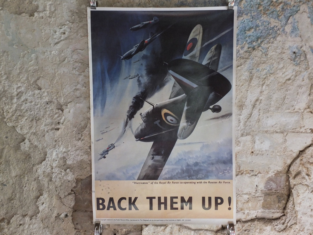 Vintage British WW2 Back them Up Spitfire Hurricane Propaganda Poster Jobson Telegraph fighters royal air force reprint print wall art 1980s
