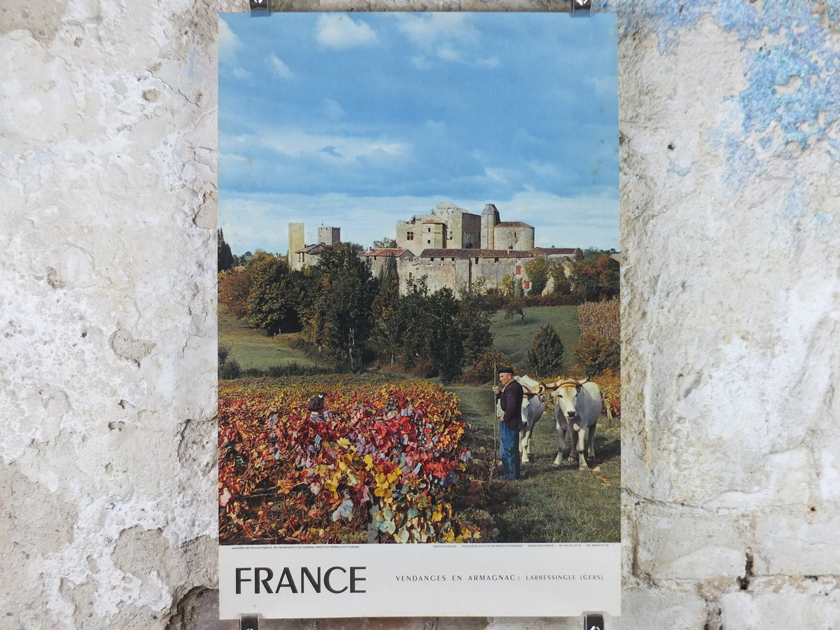 1960s Harvest in Armagnac France Poster, Larressingle, Gascony, printed by French Government, travel tourism holiday vacation wall art decor