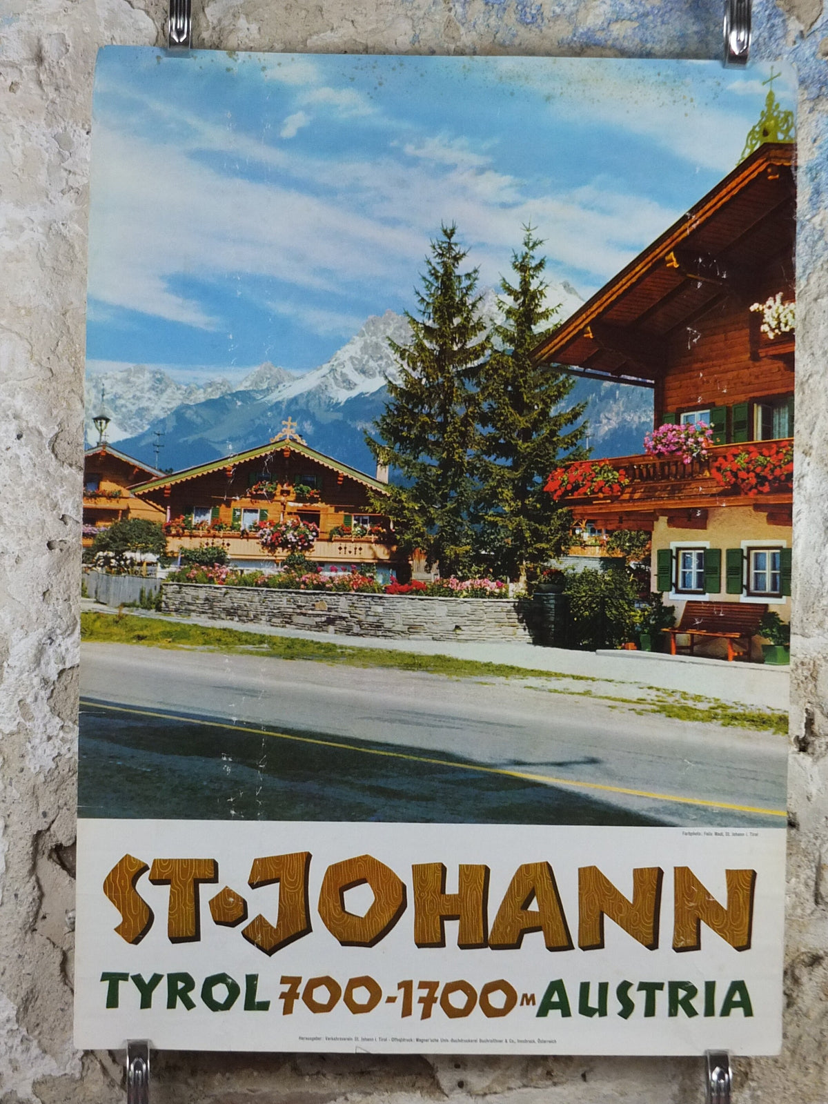 St Johann Austrian Ski Resort Poster, Tyrol, Wilder Kaiser mountains, Kitzbüheler Horn, travel tourism skiing, wall art decor, 1970s