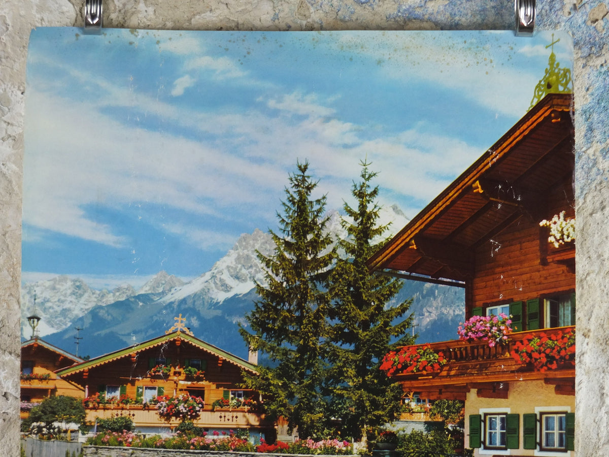 St Johann Austrian Ski Resort Poster, Tyrol, Wilder Kaiser mountains, Kitzbüheler Horn, travel tourism skiing, wall art decor, 1970s