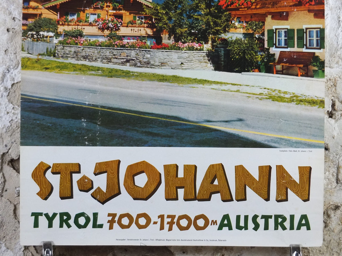 St Johann Austrian Ski Resort Poster, Tyrol, Wilder Kaiser mountains, Kitzbüheler Horn, travel tourism skiing, wall art decor, 1970s